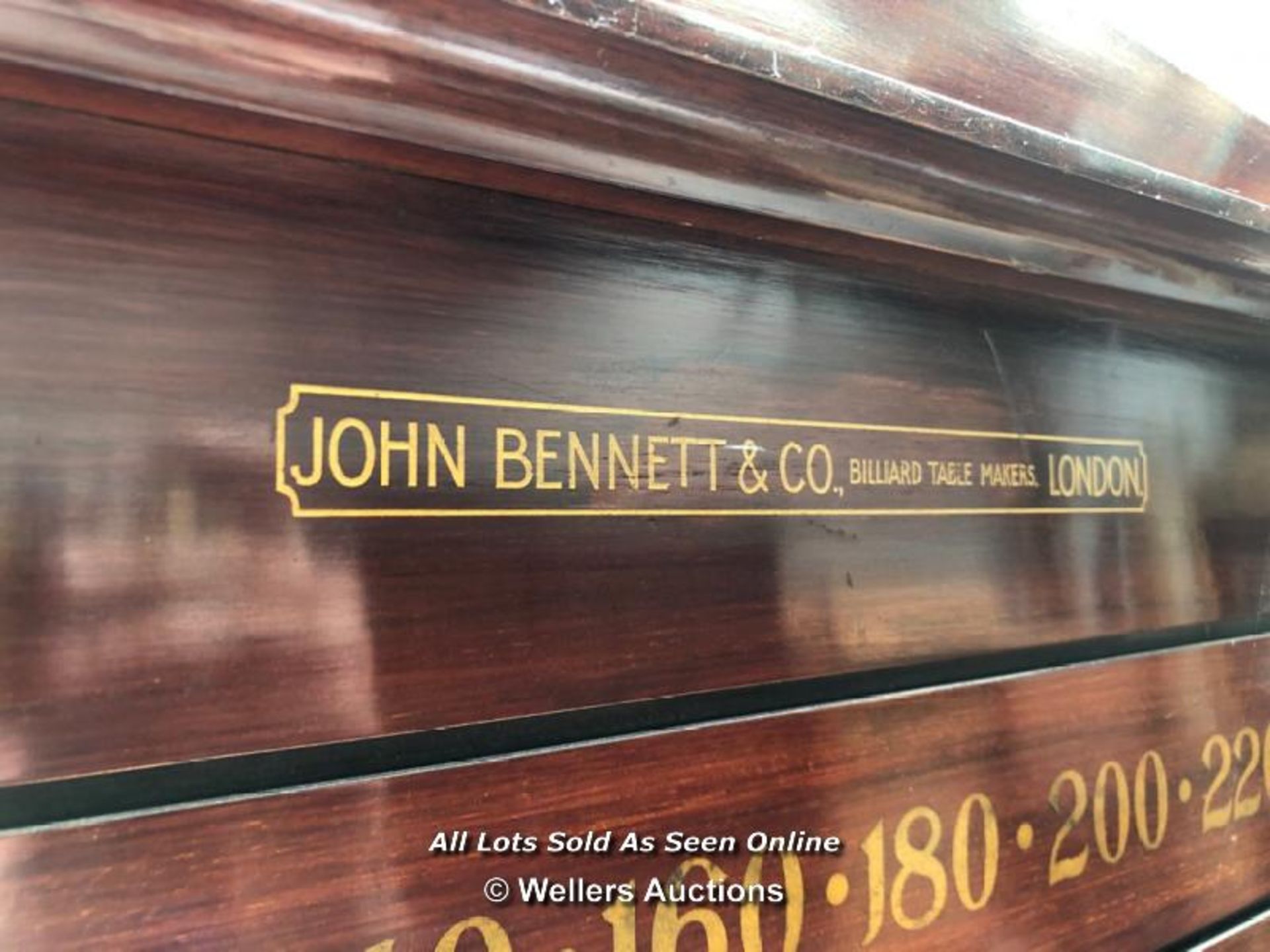 JOHN BENNETT & CO. LONDON BILLIARD SCOREBOARD WITH GOLD LEAF NUMBERS AND WOODEN SLIDERS WITH - Image 2 of 3