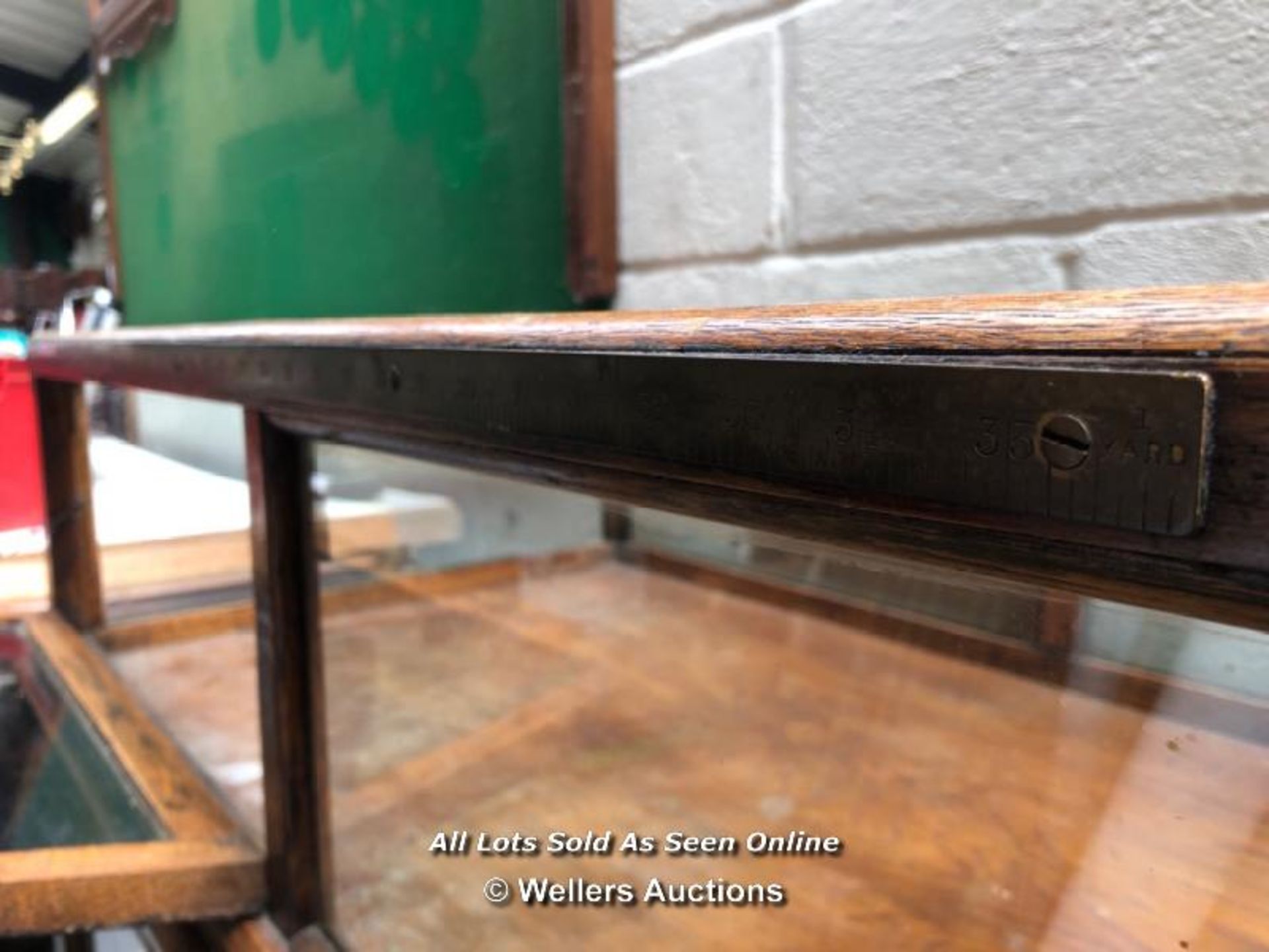 VINTAGE OAK HABERDASHERY GLASS SHOP COUNTER WITH 3 FOOT RULER, APPROX. 166CM (W) X 109CM (H) X - Image 3 of 4