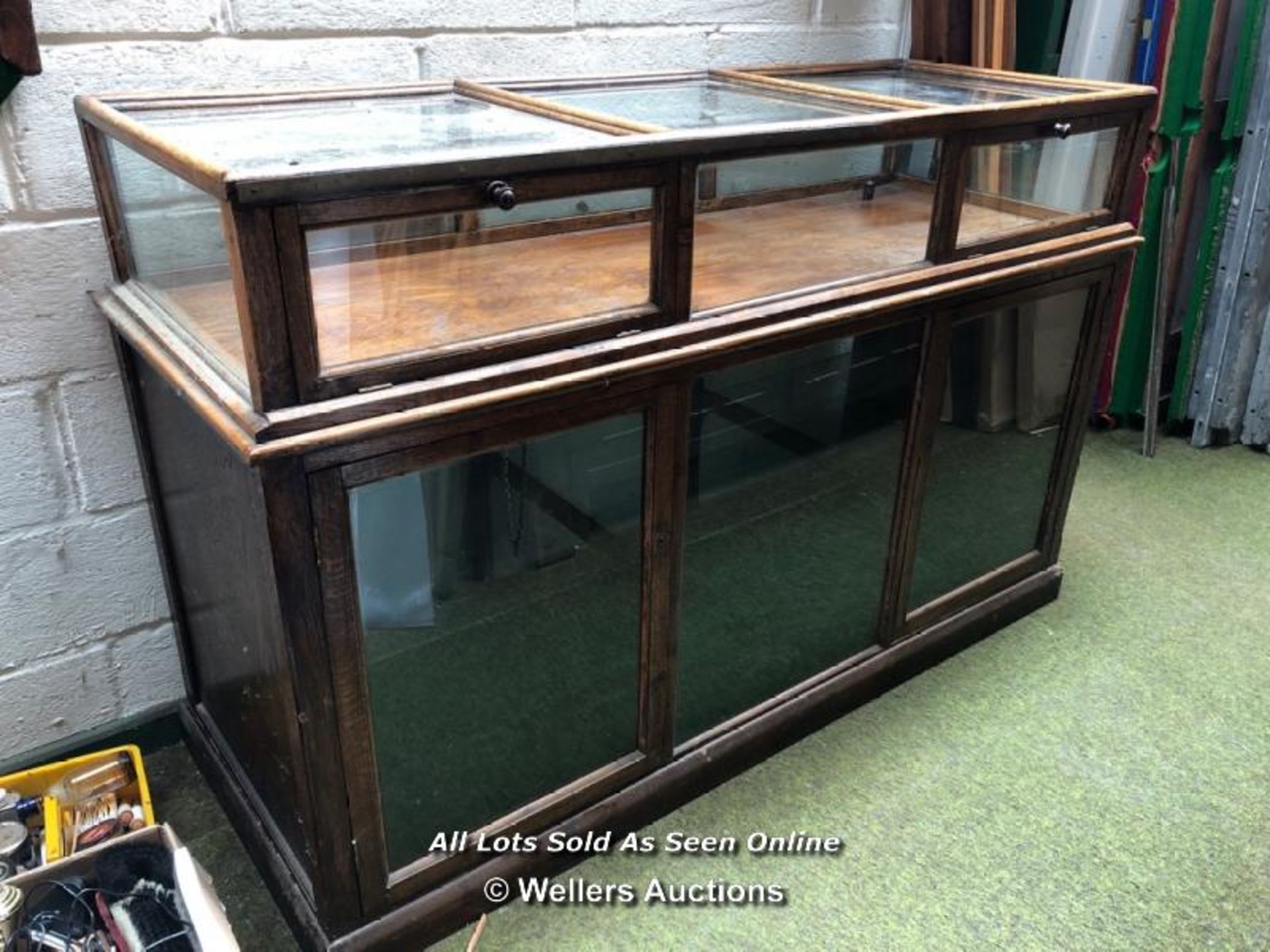 VINTAGE OAK HABERDASHERY GLASS SHOP COUNTER WITH 3 FOOT RULER, APPROX. 166CM (W) X 109CM (H) X