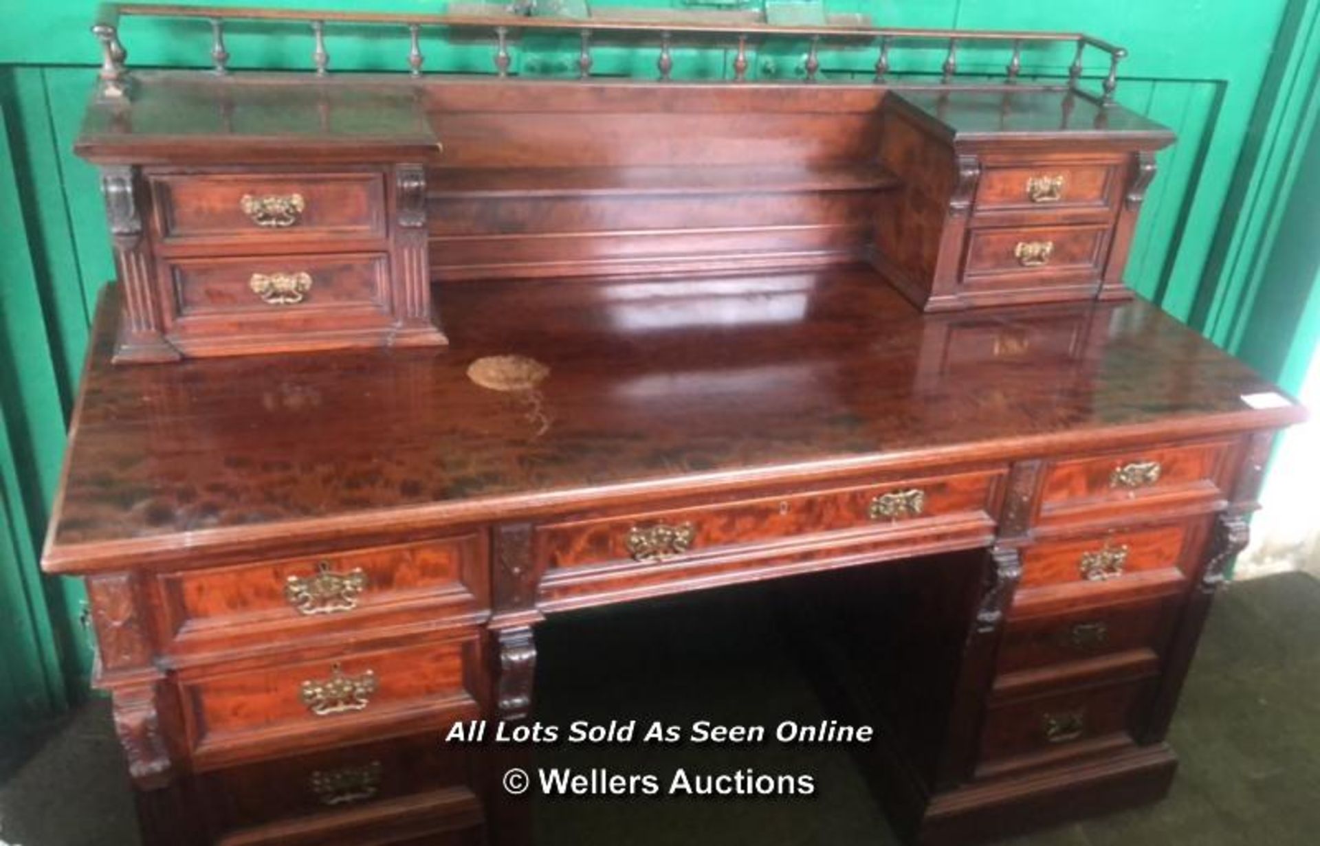 ANTIQUE X13 DRAWER SOLID MAHOGANY DESK, FLAME FIGURED VENEERS, APPROX. 151CM (W) X 63.5CM (D) X