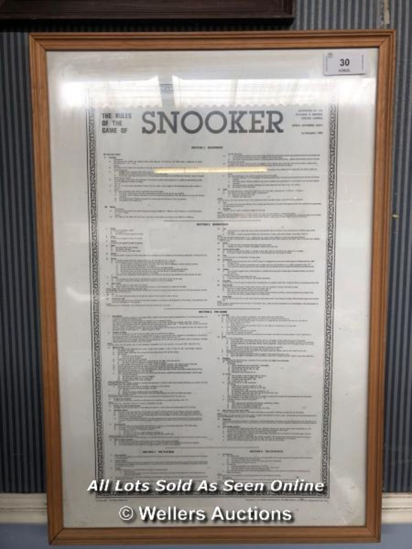 "THE RULES OF THE GAME OF SNOOKER" FRAMED RULES IN HANGING PICTURE FRAME, AUTHORISED BY THE