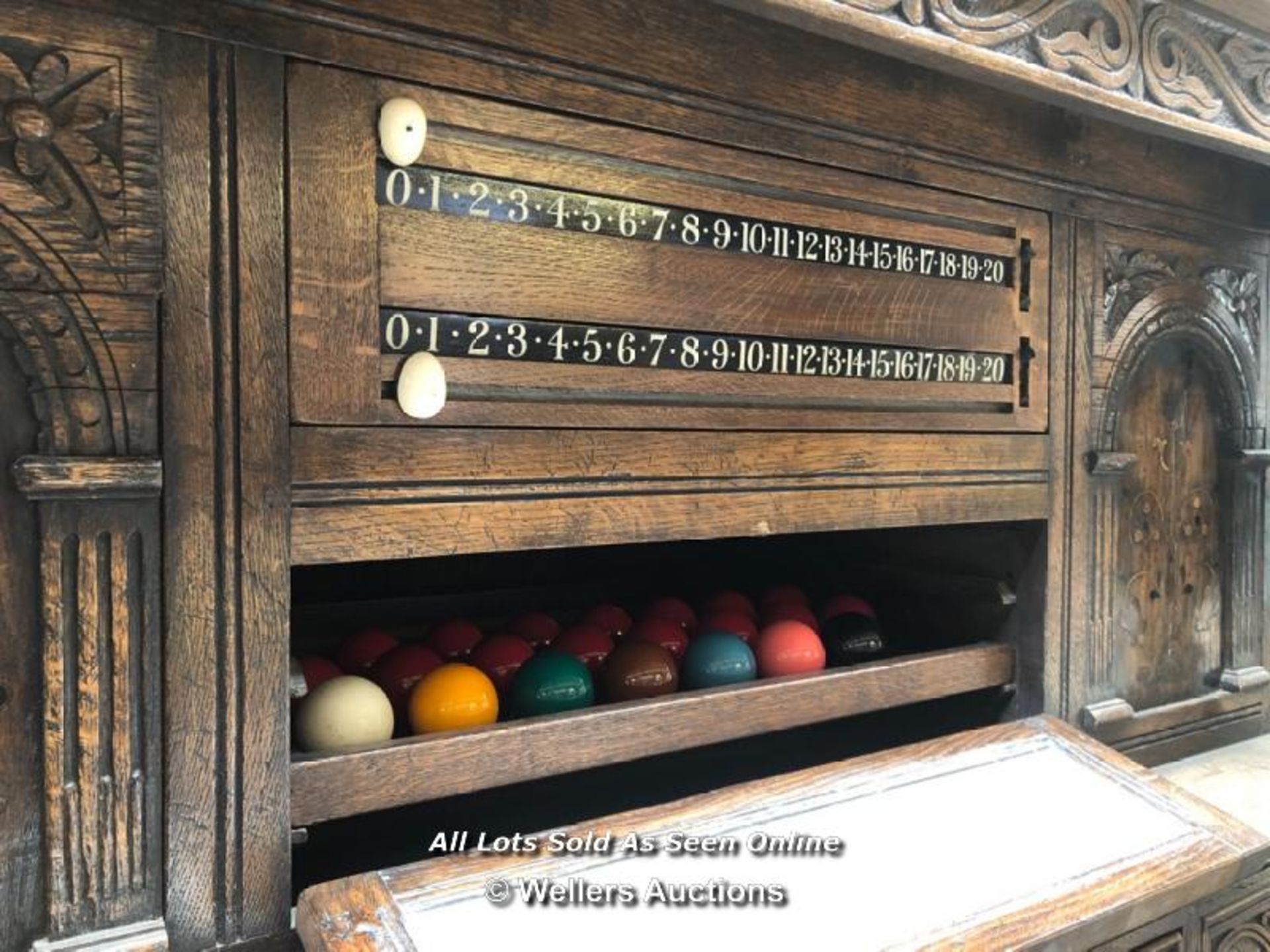 THURSTON & CO. DARK OAK 'COURT CUPBOARD' BILLIARD SCOREBOARD IN ENGLISH OAK, C.1880, JACOBEAN - Image 2 of 9