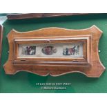 RILEY OF ACCRINGTON BILLIARDS OAK SCOREBOARD, DEPICTING X3 HUNTING IMAGES. SIZE - 78CM WIDE X 38CM