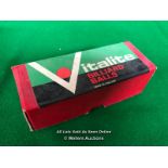 VITALITE BILLIARD BALLS, TWO WHITE AND ONE RED, SIZE 1 ¾ INCHES