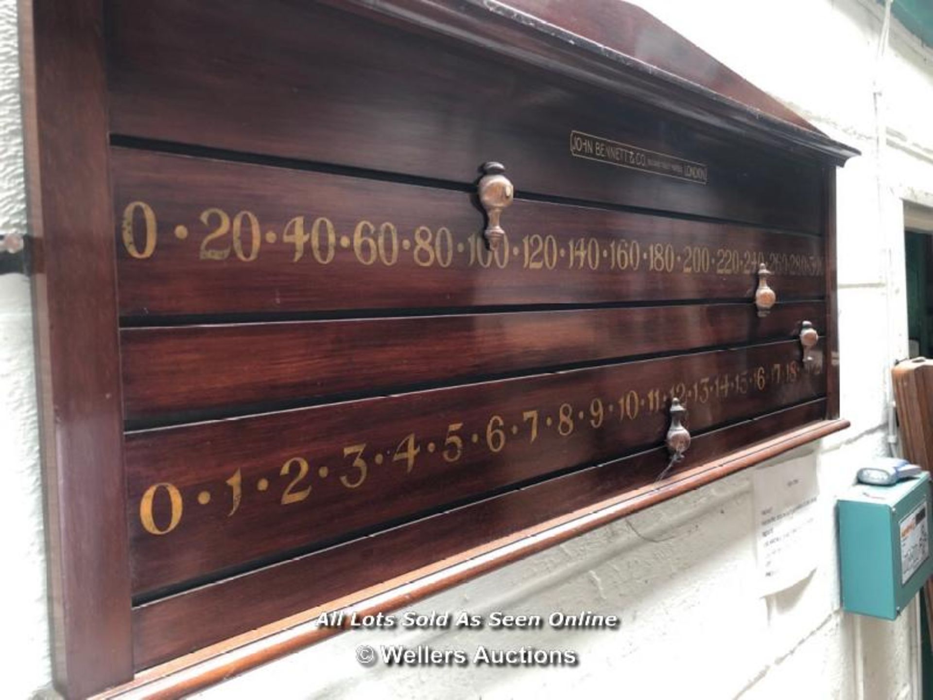 JOHN BENNETT & CO. LONDON BILLIARD SCOREBOARD WITH GOLD LEAF NUMBERS AND WOODEN SLIDERS WITH - Image 3 of 3