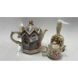 TWO ORNAMENTAL TEAPOTS AND A BELL