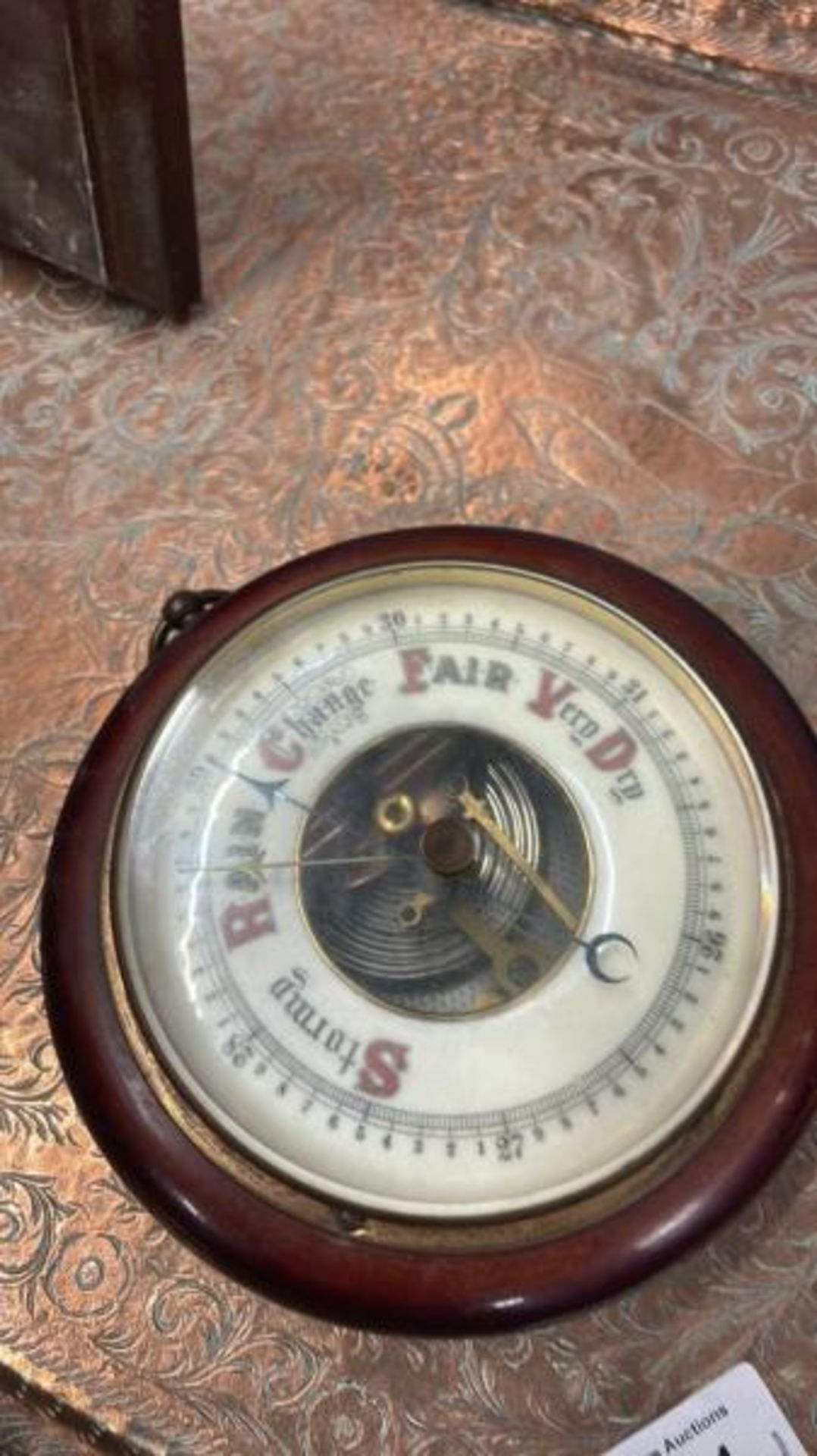 SMALL ANEROID BAROMETER, STICK BAROMETER, EASTERN ENGRAVED COPPER TRAY - Image 4 of 4