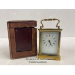 ANTIQUE BRASS CARRAGE CLOCK MARKED MADE IN SWITZERLAND IN CARRY CASE WITH KEY, 10CM HIGH