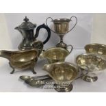 ASSORTED PLATED METAL WARE INCLUDING COFFEE POT, BOWLS, JUGS AND SPOONS