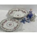 FRENCH DECORATED BOWL AND PLATE WITH FOUR FIGURINES ONE IN NEED OF REPAIR