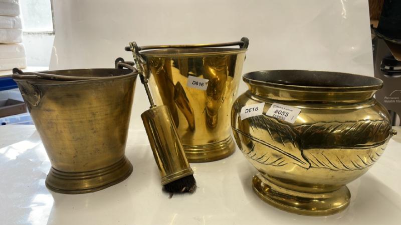 TWO BRASS BUCKETS, AJARDINIERE, FIRESIDE BRUSH