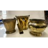 TWO BRASS BUCKETS, AJARDINIERE, FIRESIDE BRUSH