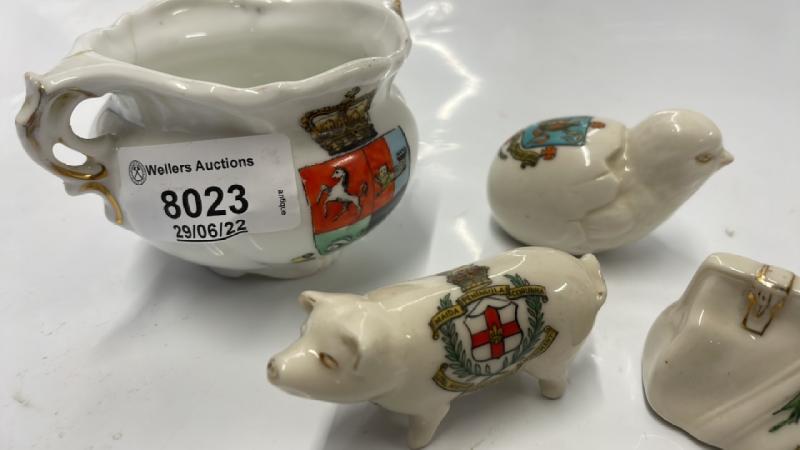 CRESTED CHINA: SUSSEX PIG, CHICK WITH GLASTONBURY ARMS, CARLTON GLADSTONE BAG, RAMSGATE POT - Image 3 of 3