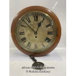 WOODEN WALL CLOCK 39CM DIAMETER WITH BRASS PENDULUM AND KEY. IN WORKING ORDER