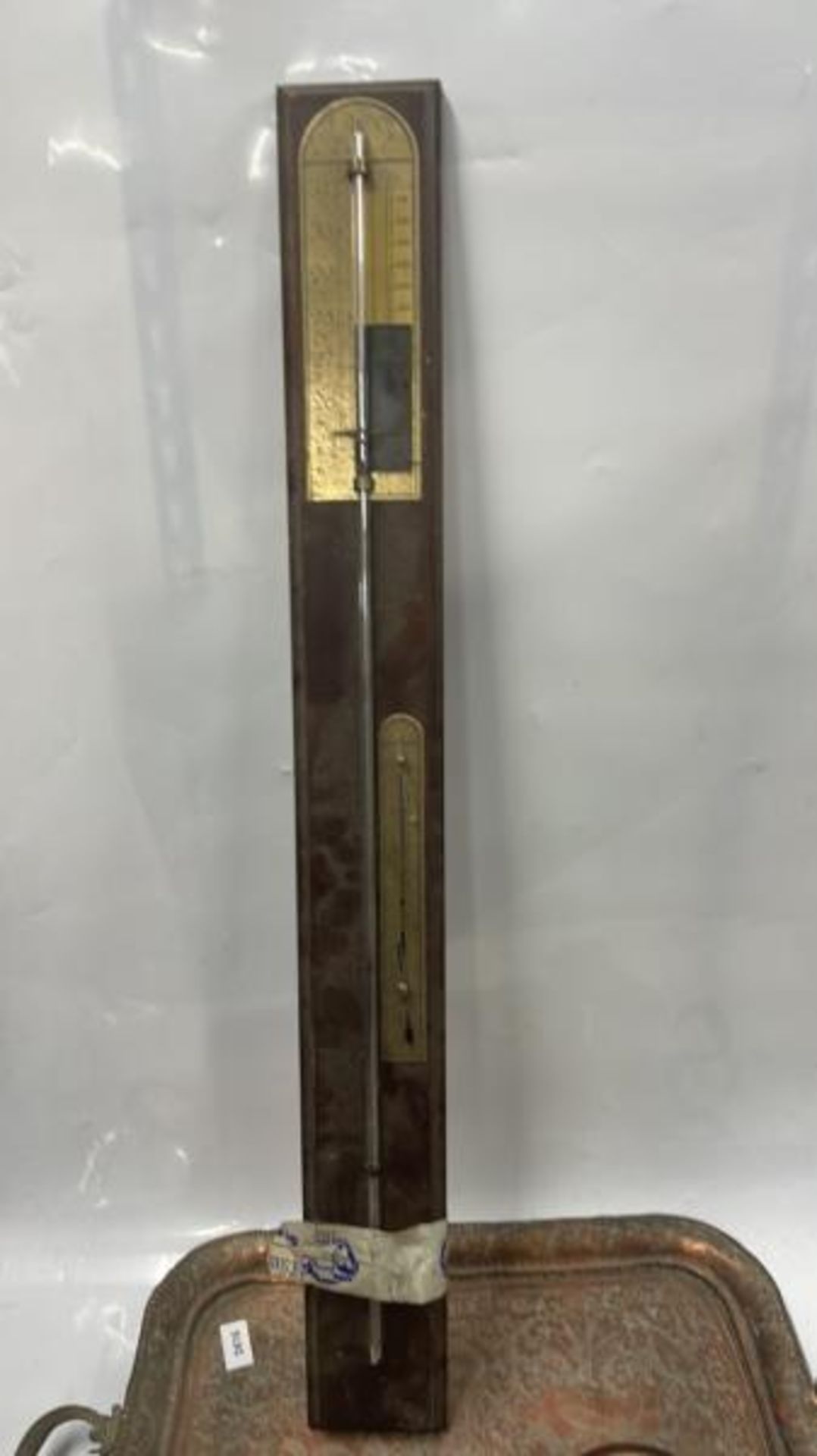 SMALL ANEROID BAROMETER, STICK BAROMETER, EASTERN ENGRAVED COPPER TRAY - Image 2 of 4