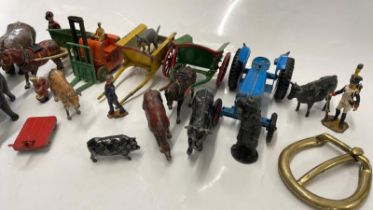 LEAD FARM AND ZOO: HILL & CO HORSE-DRAWN CART, ANOTHER BY BRITAINS, VARIOUS FIGURES AND ANIMALS,