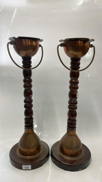 PAIR OF WOODEN COPPER TOPPED FLOOR STANDING ASHTRAYS