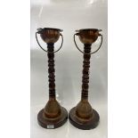 PAIR OF WOODEN COPPER TOPPED FLOOR STANDING ASHTRAYS