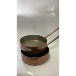 PAIR OF LARGE COPPER SAUCEPANS WITH BRASS HANDLES, 30CM DIAMETER