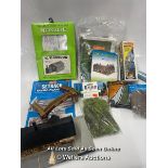 LARGE BOX OF ASSORTED MODEL RAILWAY MAKING ACCSESSORIES INCLUDING HORNBY RAILWAY BRIDGE, TRACKS,