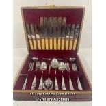 CASED SET OF SILVER PLATE KNIVES, FORKS AND SPOONS FOR 6 PLACE SETTINGS (ONE FORK MISSING)