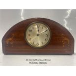 VINTAGE INLAID MAHOGONY MANTLE CLOCK. IN NEED OF RESTORATION, 14CM HIGH