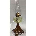 *ANTIQUE VICTORIAN VASELINE GLASS OIL LAMP AND CHIMNEY.