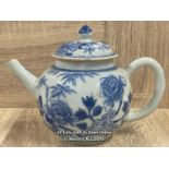 BLUE & WHITE TEA POT DECORATED WITH FLOWERS. SOME DAMAGE TO THE LID. 13CM HIGH