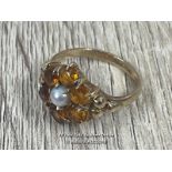 *9CT GOLD LADIES ORANGE CITRINE AND PEARL RING SIZE K,4.5 GRAMS,CIRCA 1960,S