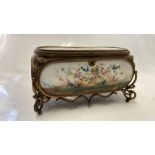 VICTORIAN BRASS CASKET INSET WITH PAINTED PORCELAIN PANELS, VELVET INTERIOR, 28CM WIDE