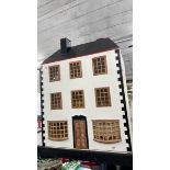 THREE STOREY SIX ROOM DOLLS HOUSE WITH QUANTITY OF FURNITURE, 60CM X 58CM