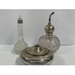 THREE SILVER TOPPED CUT GLASS VANITY ITEMS INCLUDING PERFUME BOTTLES AND LIDDED BOWL, TALLEST 18CM