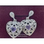 *DELIGHTFUL VINTAGE SOLID STERLING SILVER AMETHYST MARCASITE EARRINGS UNUSUAL