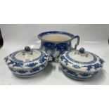 BLUE AND WHITE CHAMBER POT; PAIR OF BOOTHS VEGETABLE TUREENS AND COVERS