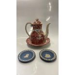 ENOCH WEDGWOOD WOODLAND JUG AND DISH; TWO WEDGWOOD JASPERWARE PLAQUES