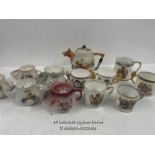 SIX COMMEMORATIVE CUPS, FIVE SHAVING MUGS AND HUNTING TEA POT