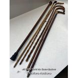 *VINTAGE WALKING STICKS CROPS AND CANES BAMBOO LEATHER HORN BRASS AND WOOD.