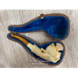 *CARVED MEERSCHAUM PIPE. AMBER MOUTHPIECE HAND HOLDING HAZELNUTS JADE / DAMAGED MOUTHPIECE