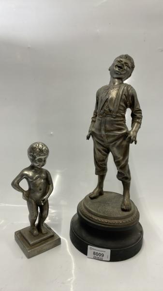 VICTORIAN SPELTER FIGURE OF LAUGHING BOY, SIGNED RAMCOU, 37CM; SMALL BOY FIGURINE