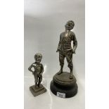 VICTORIAN SPELTER FIGURE OF LAUGHING BOY, SIGNED RAMCOU, 37CM; SMALL BOY FIGURINE