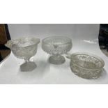 PEDESTAL CUT GLASS BOWL, ANOTHER SIMILAR, SALD BOWL AND SERVERS