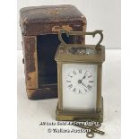 ANTIQUE BRASS CARRAGE CLOCK BY R&C PARIS STAMPED MADE IN FRANCE. IN CARRY CASE WITH KEY, 10.1CM HIGH