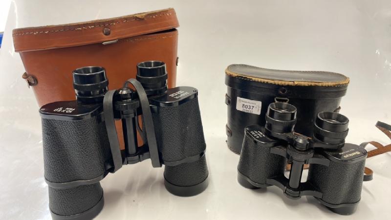 PAIR OF ZENITH 10 X 50 BINOCULARS, SANKYO 8 X 30 BINOCULARS, LEATHER CASES