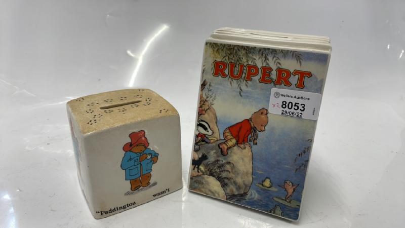 COALPORT PADDINGTON BEAR MONEY BOX, 8CM SQUARE; WEDGWOOD OF ETRURIA RUPERT BEAR MONEY BOX