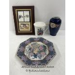 JAPANESE PLATE, SMALL BLUE VASE, CITY OF BATH CUP AND SMALL DOG PICTURE