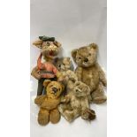 BLOND PLUSH TEDDY BEAR WITH VELVET PADS, 35CM; THREE FURTHER TEDDY BEARS AND A FELT DOLL