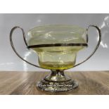 *ANTIQUE URANIUM VASELINE GLASS BOWL IN ORIGINAL SILVER PLATED HOLDER