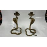 PAIR OF BRASS COBRA CANDLESTICKS, 27CM