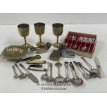 ASSORTED ITEMS INCLUDING BRASS GOBLETS, DECORATIVE SPOONS, MATCHBOX, RONSON LIGHTERS AND PEN KNIVES