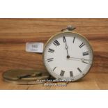 HEAVY BRASS CASED MECHANICAL CLOCK, EGL MOVEMENT, ENAMELED WHITE ROMAN DIAL, SIGNS OF AGE,